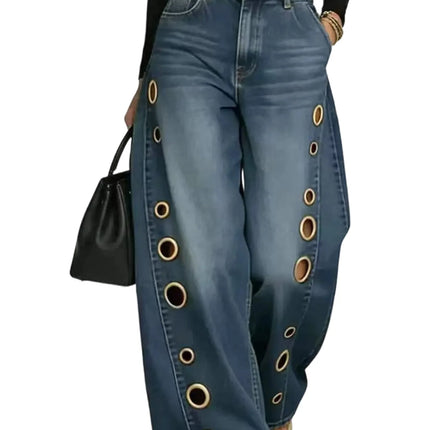 Jeans da Donna a Gamba Larga, Vita Media, con Dettagli Traforati, Effetto Vintage, Stile High Street, Eleganti, da Lavoro, Casual, Pantaloni Dritti