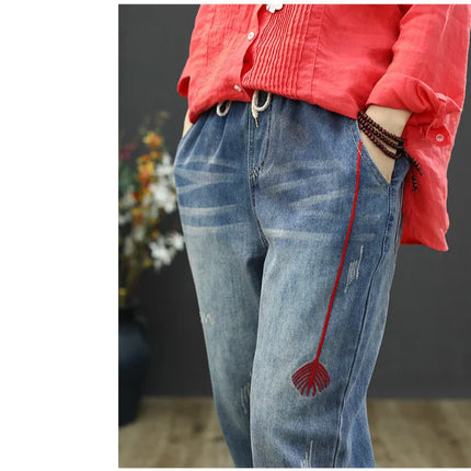 AmaxluluE Jeans larghi strappati da donna alla moda estiva Pantaloni in denim ricamati per il tempo libero da donna Pantaloni Harem elastici da donna vintage