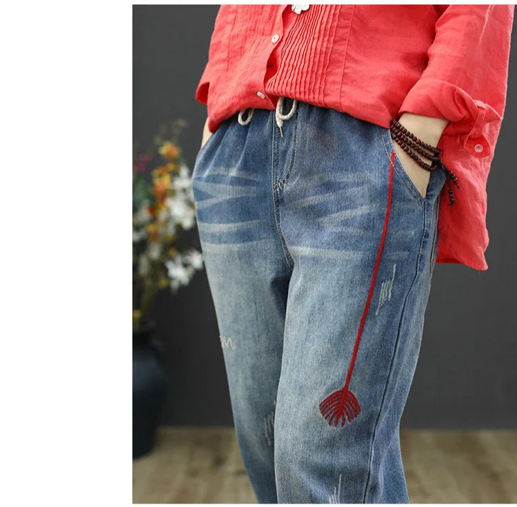 AmaxluluE Jeans larghi strappati da donna alla moda estiva Pantaloni in denim ricamati per il tempo libero da donna Pantaloni Harem elastici da donna vintage