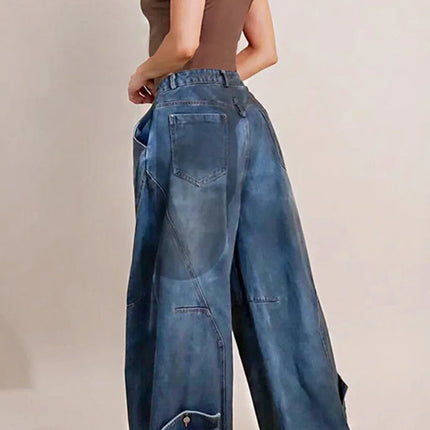 Y2K Jeans denim larghi da donna Tasca con bottoni asimmetrica Jean lavato Pantaloni casual Harajuku High Street Grunge Denim Trouders