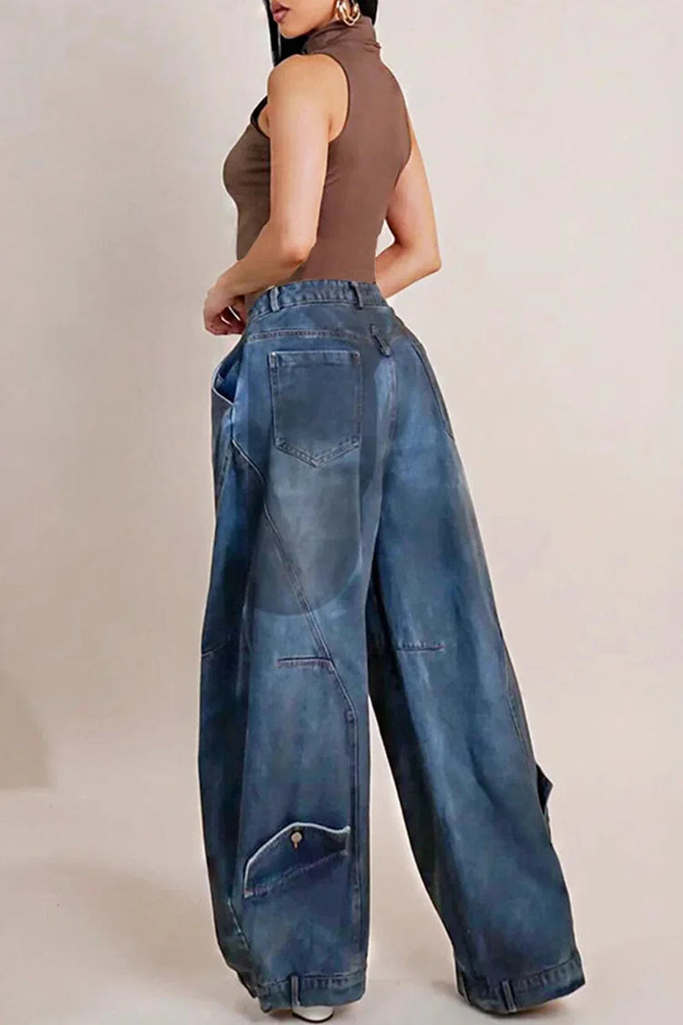 Y2K Jeans denim larghi da donna Tasca con bottoni asimmetrica Jean lavato Pantaloni casual Harajuku High Street Grunge Denim Trouders