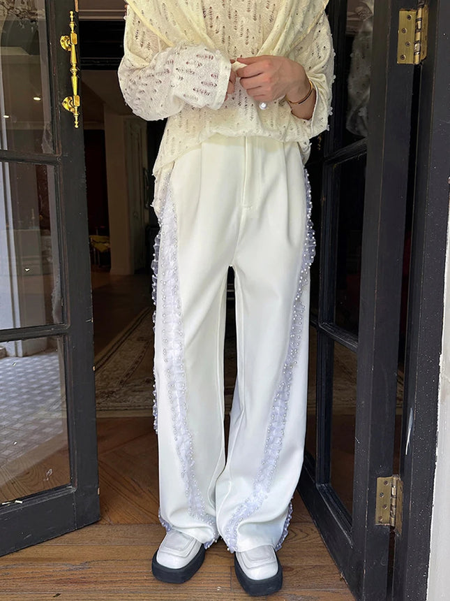 LUZHEN 2026 New Trendy Luxury Elegant Lace Gauze Patchwork Straight Casual Pants Men's Handsome Pearl Decorate Trousers JY9209
