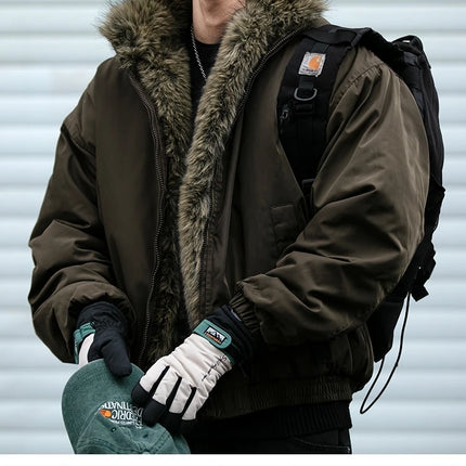 Mens Korean Streetwear Thick Warm Jacket Winter Fleece Lined Fur Collar High Quality Cold Proof Heavyweight Outdoor Thermal Coat