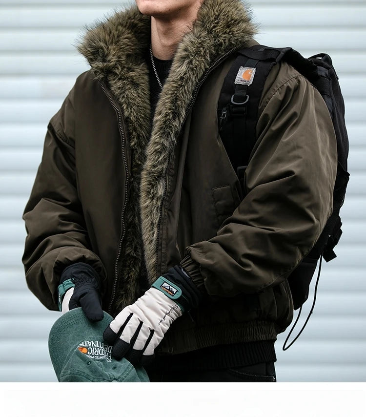 Mens Korean Streetwear Thick Warm Jacket Winter Fleece Lined Fur Collar High Quality Cold Proof Heavyweight Outdoor Thermal Coat