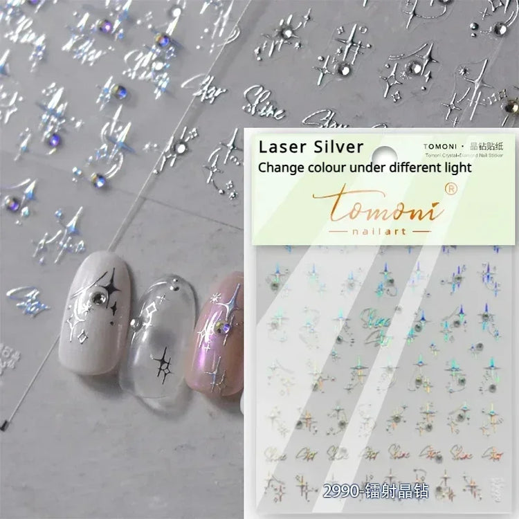 Punk Glitter Powder Blue Pink Star Charm Laser Silver Gold Starlight Rhinestones Moon DIY Nail Art Stickers Manicure Tool Decals