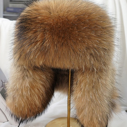 New Winter Men's 100% Real Silver Fox Fur Bomber Hat Raccoon Fur Ushanka Cap Trapper Russian Man Ski Hats Caps Real Leather