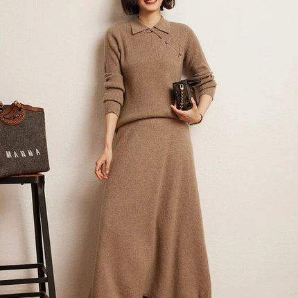 Korean Long Skirt Women's Wave Skirt 100% Cashmere Straight Skirt Knit Autumn Winter Skirt Warm Elegant Casual Knee Length Dress PlatiNum