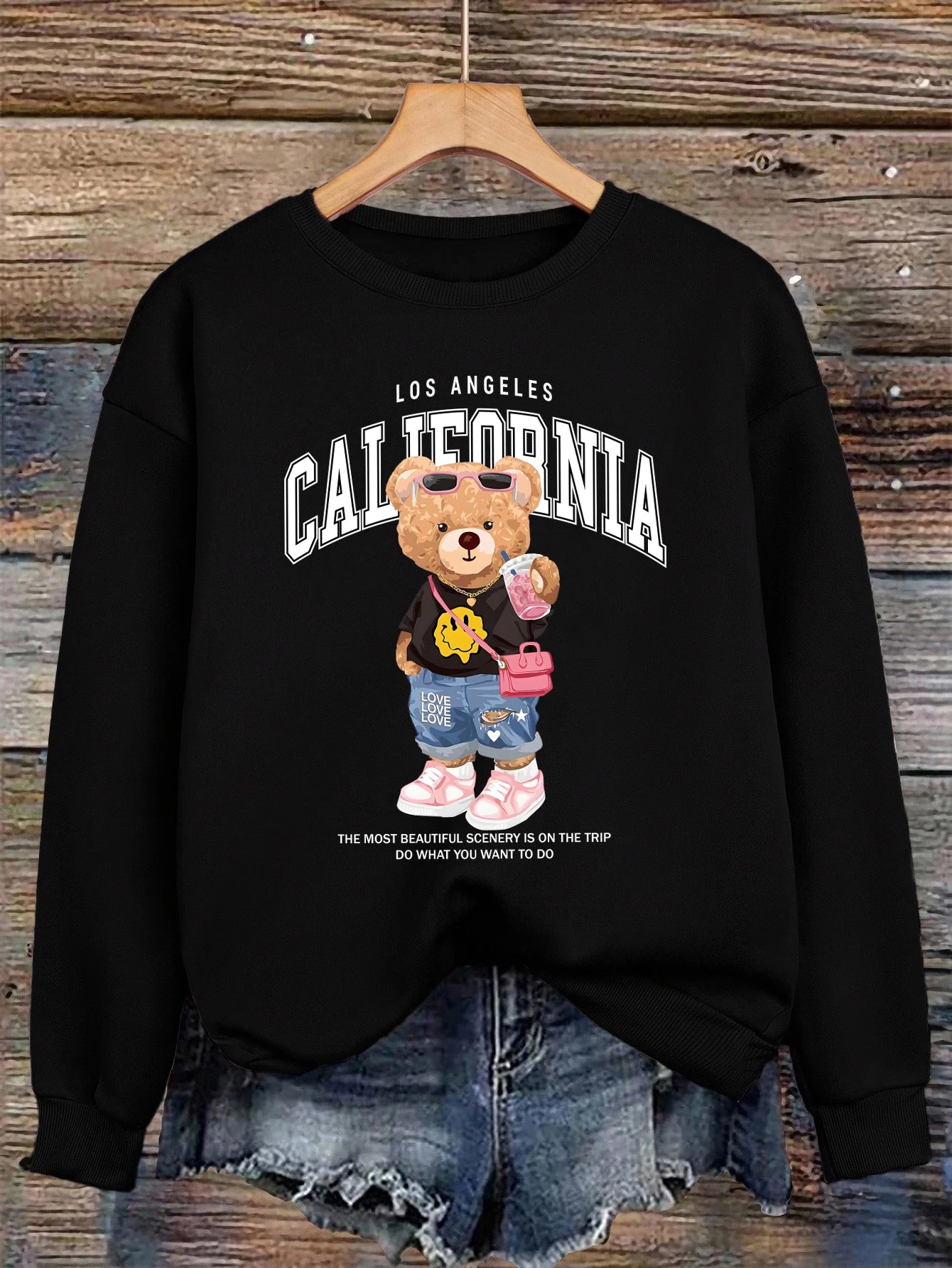 Little Bear Drinking Milk Tea Printed Women Pullover O-Neck Loose Streetwear Casual Autumn Clothes Fleece All-Match Sweatshirt