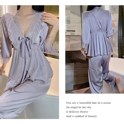 Set di indumenti da notte per la casa in raso di pizzo e pizzo da donna, pantaloni con top in pizzo dolce a V profondo, due pezzi di vestiti per la casa di grandi dimensioni bianco nero viola