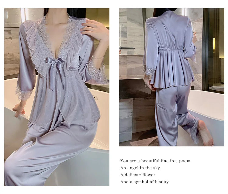 Set di indumenti da notte per la casa in raso di pizzo e pizzo da donna, pantaloni con top in pizzo dolce a V profondo, due pezzi di vestiti per la casa di grandi dimensioni bianco nero viola