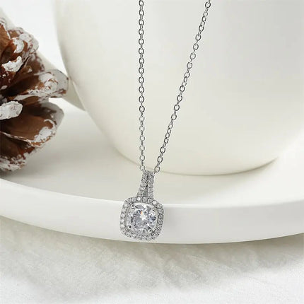 ZAKOL Simple Geometric Crystal White Zircon Pendant Necklace For Women Silver-Color Wedding Party Jewelry Gift With Box PlatiNum