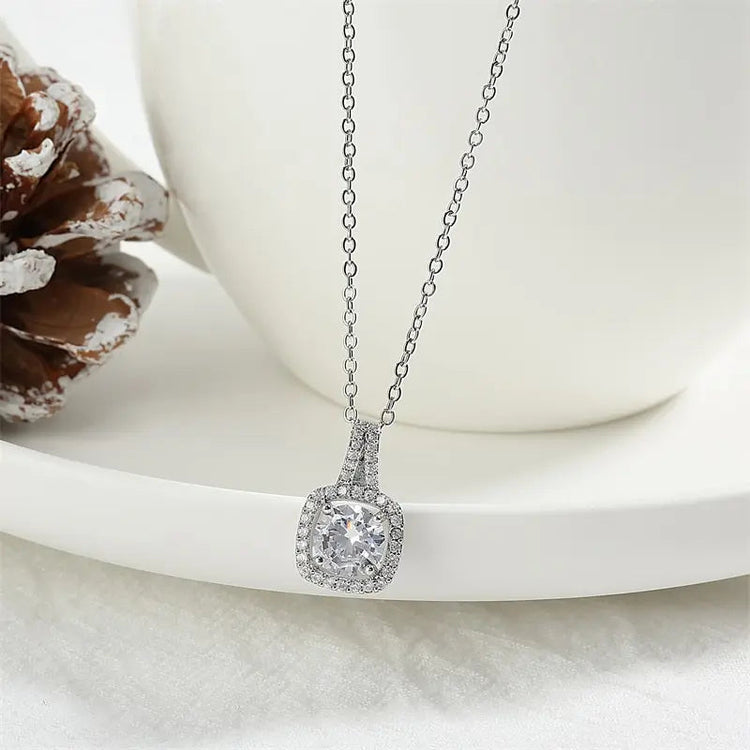 ZAKOL Simple Geometric Crystal White Zircon Pendant Necklace For Women Silver-Color Wedding Party Jewelry Gift With Box PlatiNum