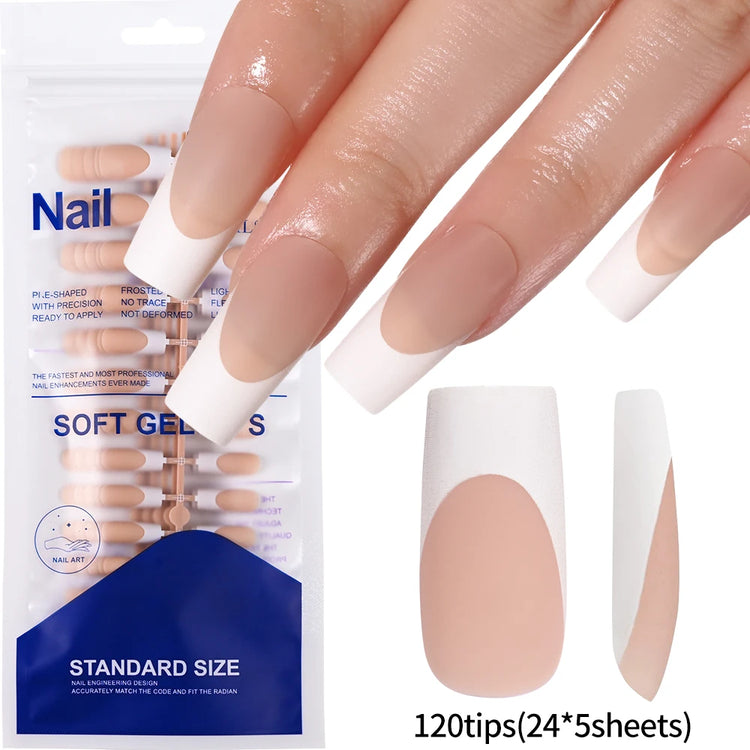 120Pcs Short Square Pink French Full‑Cover Toe Nail Tips White Edge Soft Gel Press‑On Toenails