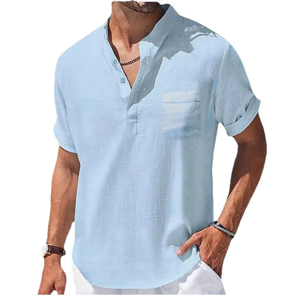 Men's Cotton and Linen Shirts New Summer Short Sleeve T-Shirts Henry Collar Casual Men's T-Shirt Men's Shirt Men's Clothing