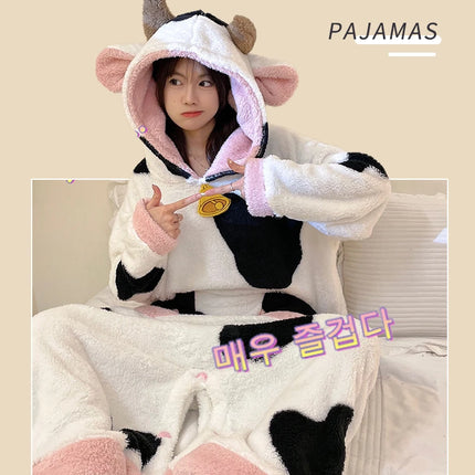 Women Onesie Kigurumis Cow Pajamas Adult Female Winter Sleepwear Zipper Hooded  Jumpsuits Thick Soft Warm Fleece Pijama Mujer