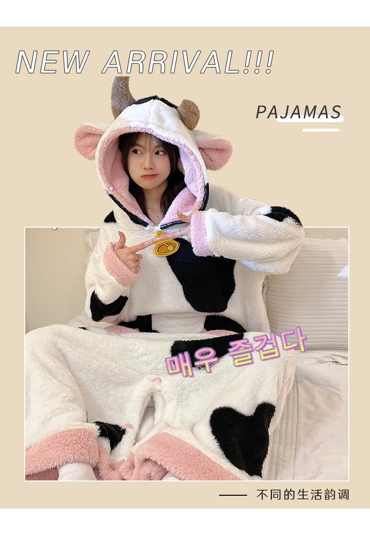 Women Onesie Kigurumis Cow Pajamas Adult Female Winter Sleepwear Zipper Hooded  Jumpsuits Thick Soft Warm Fleece Pijama Mujer