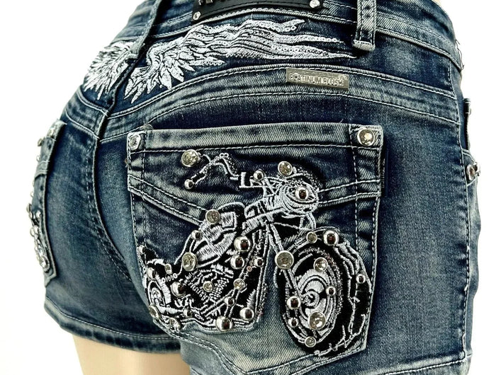 Women Rider Motorcycle Wing Rivet Embroidery Shorts Y2k Vintage Gothic Hot Girl Sexy Washed Denim Shorts Low Waist Mini Skirts PlatiNum