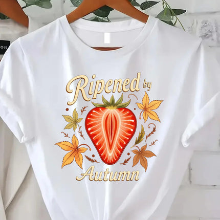 Comoda maglietta da donna con stampa strappata dalla maglietta autunnale con fragole |   Maglietta da donna Fall Harvest