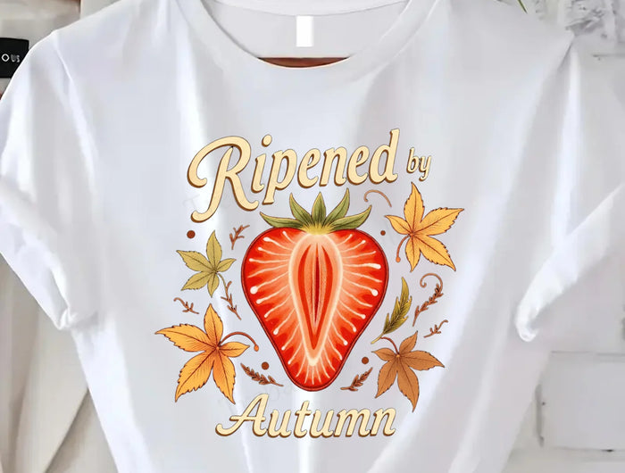 Comoda maglietta da donna con stampa strappata dalla maglietta autunnale con fragole |   Maglietta da donna Fall Harvest