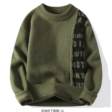 2024 Patchwork Knitted Sweater Trend High Street Autumn Winter Warm Men's Tops Hip-hop Street Clothing Fishing Sports Pullover