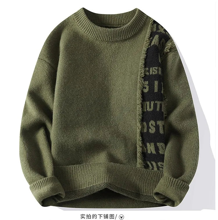 2024 Patchwork Knitted Sweater Trend High Street Autumn Winter Warm Men's Tops Hip-hop Street Clothing Fishing Sports Pullover