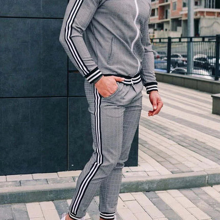 2025 Men Tracksuit 2pc Set Gym Hiking Plaid Zipper Hoodie Cargo Pants Autumn Athleisure Outfit Fleece Jogger Sportswear PlatiNum