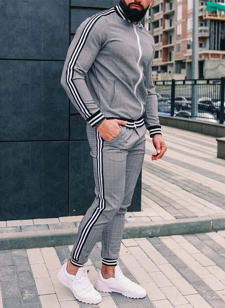 2025 Men Tracksuit 2pc Set Gym Hiking Plaid Zipper Hoodie Cargo Pants Autumn Athleisure Outfit Fleece Jogger Sportswear PlatiNum