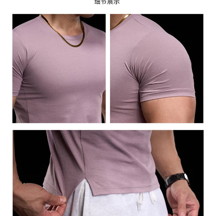 Men's gym fitness workout clothing slim fit short sleeve breathable high elasticity sports T-shirt, running sports