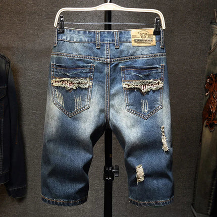 Men Ripped Short Jeans Summer Cotton Knee Length Shorts Breathable Vintage Denim Pants Painted Graffiti Streetwear Cargo Jeans PlatiNum
