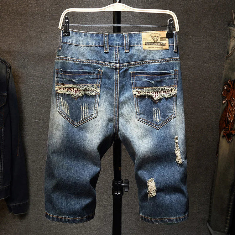 Men Ripped Short Jeans Summer Cotton Knee Length Shorts Breathable Vintage Denim Pants Painted Graffiti Streetwear Cargo Jeans PlatiNum