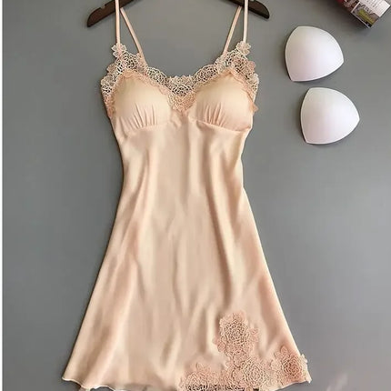 Abito da notte sexy in raso di seta da donna Camicie da notte senza maniche Camicia da notte con scollo a V Camicia da notte Indumenti da notte in pizzo Indumenti da notte per le donne Top da notte