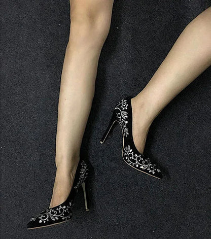 Bling Rhinestone Gold Silver Flower Embroidery Blade Heel Pumps Metal High Heels Crystal Black Suede Pointed Toe Woman Shoes