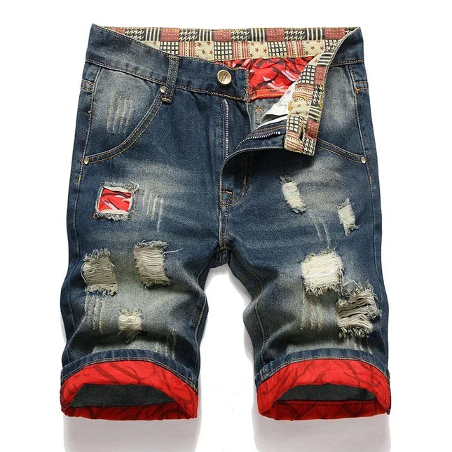 Pantaloncini di jeans da uomo lavati vintage della nuova estate Pantaloncini di jeans dritti maschili in difficoltà con toppe con foro strappato da strada alla moda casual