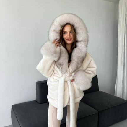 DFDG 2026 Women Hooded Faux Fur Coat Belted Waist Tie Big Fur Trim Collar Long Sleeve Outerwear Warm Luxury Overcoat Winter Fur