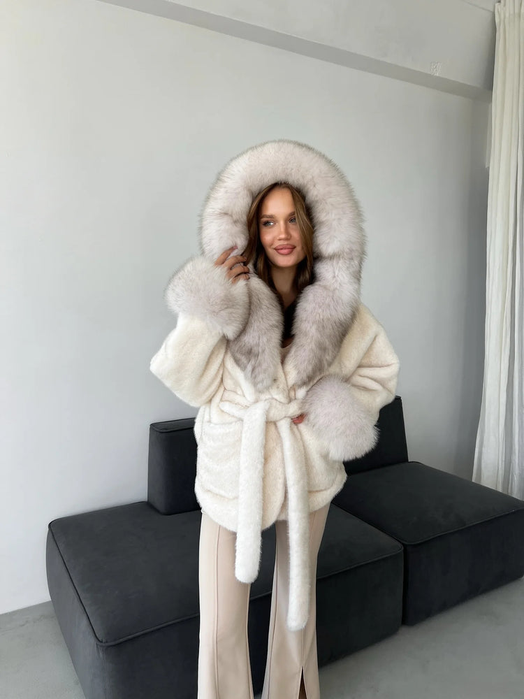 DFDG 2026 Women Hooded Faux Fur Coat Belted Waist Tie Big Fur Trim Collar Long Sleeve Outerwear Warm Luxury Overcoat Winter Fur
