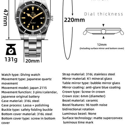ADDIESDIVE 39mm Men's Analog Quartz Watch Ceramic Bezel K1 Domed Glass 200m Water Resistance C3 Super Luminous  Men's Dive Watch