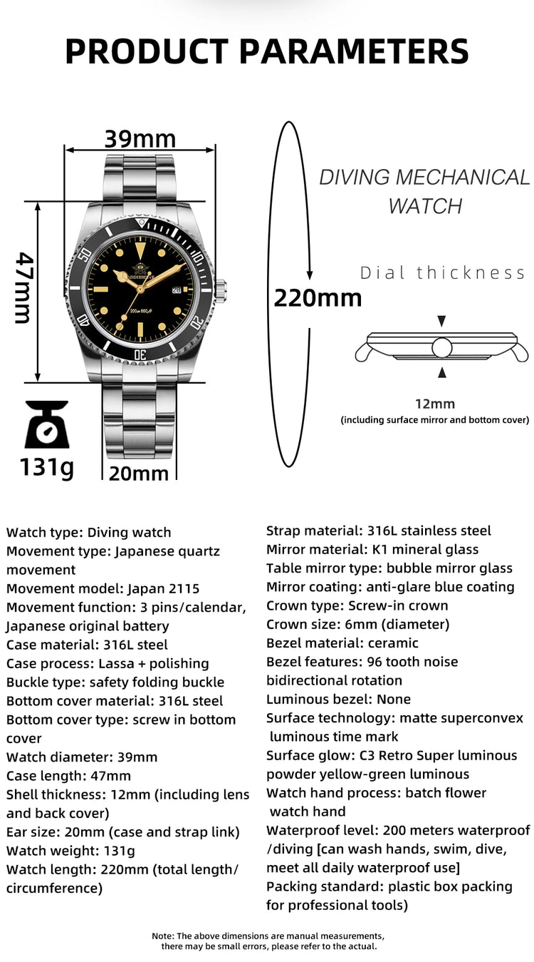 ADDIESDIVE 39mm Men's Analog Quartz Watch Ceramic Bezel K1 Domed Glass 200m Water Resistance C3 Super Luminous  Men's Dive Watch