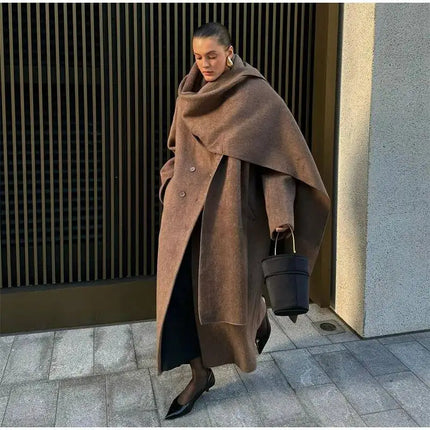 Elegant Big Scarf Collar Women's Coat Fashion Double Breasted Pockets Overcoats 2026 Autumn New High Street Oversize Outerwears