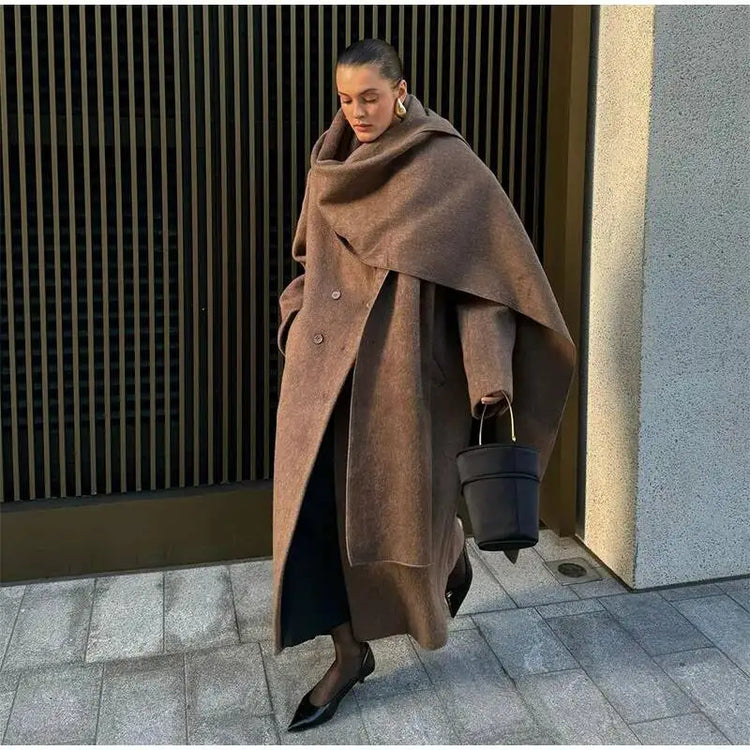 Elegant Big Scarf Collar Women's Coat Fashion Double Breasted Pockets Overcoats 2026 Autumn New High Street Oversize Outerwears