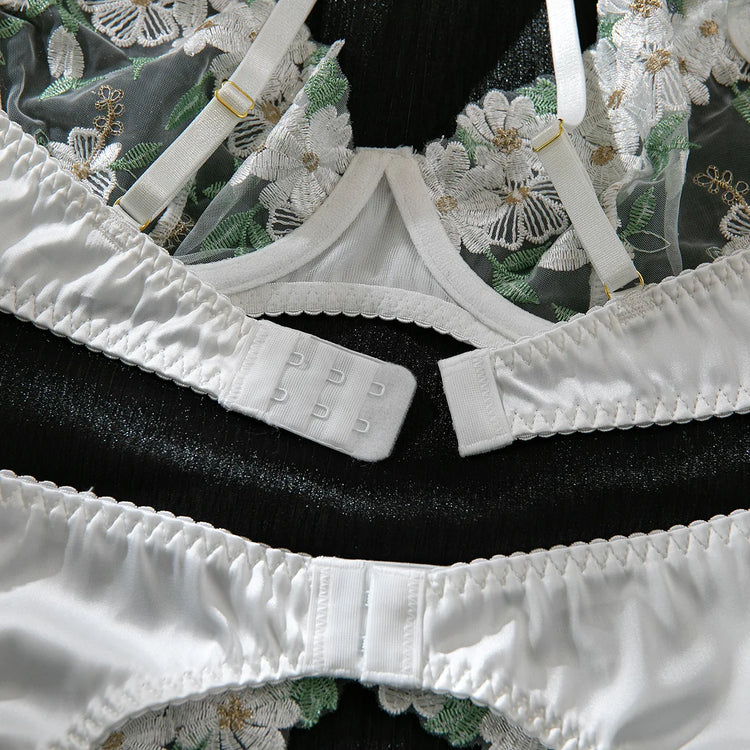 Elegant White Floral Embroidered Sheer Lace Lingerie Set Strappy Underwire Bra Garter Belt Thong Intimate Nightwear Apparel Lady