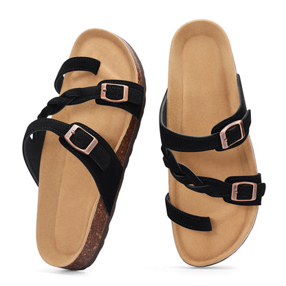 Eyriphy New Women Open Toe Leopard Slides With Adjustable Buckle Classic Flat Sandals Casual Cork Footbed Women's Slippers