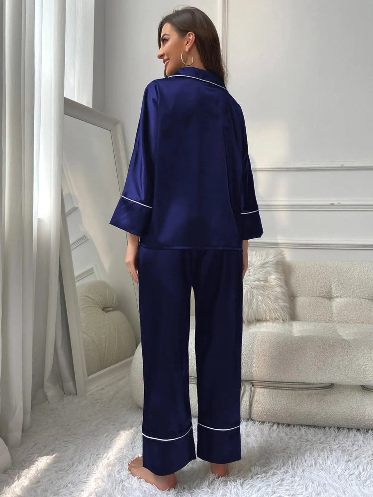 Pigiama da donna Completo da notte Completo da pigiama Pj Set Top a maniche lunghe in raso con pantaloni Pigiama da 2 pezzi Pigiama da donna