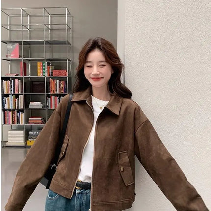 Retro Style Women's Short Suede Jacket Coffee Color Korean Style Autumn Coat Zipper Pocket Polyester Fiber Windproof