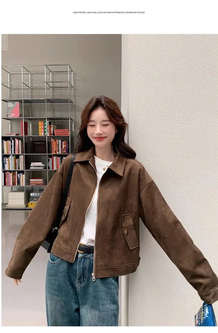 Retro Style Women's Short Suede Jacket Coffee Color Korean Style Autumn Coat Zipper Pocket Polyester Fiber Windproof