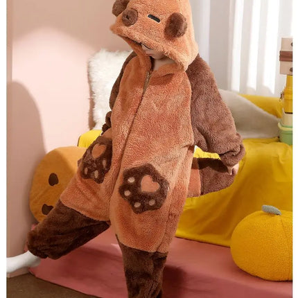 Family Matching Hooded Jumpsuit Cartoon Cypabara Onesie Winter Warm Sleepwear Boys Girls Pajamas Christmas Cartoon Home Clothes