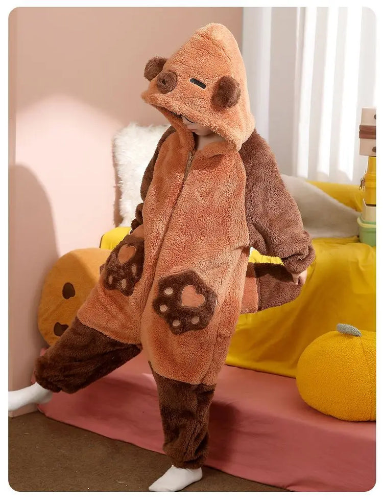 Family Matching Hooded Jumpsuit Cartoon Cypabara Onesie Winter Warm Sleepwear Boys Girls Pajamas Christmas Cartoon Home Clothes