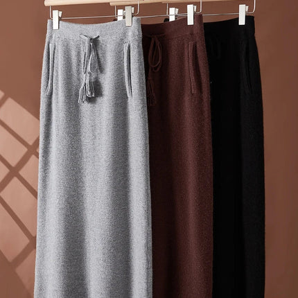Women's 100% Cashmere Elastic Waist Mid-Length Midi Skirt Autumn Winter Casual Versatile Knitwear Bottoms Casual Fashion Skirt PlatiNum