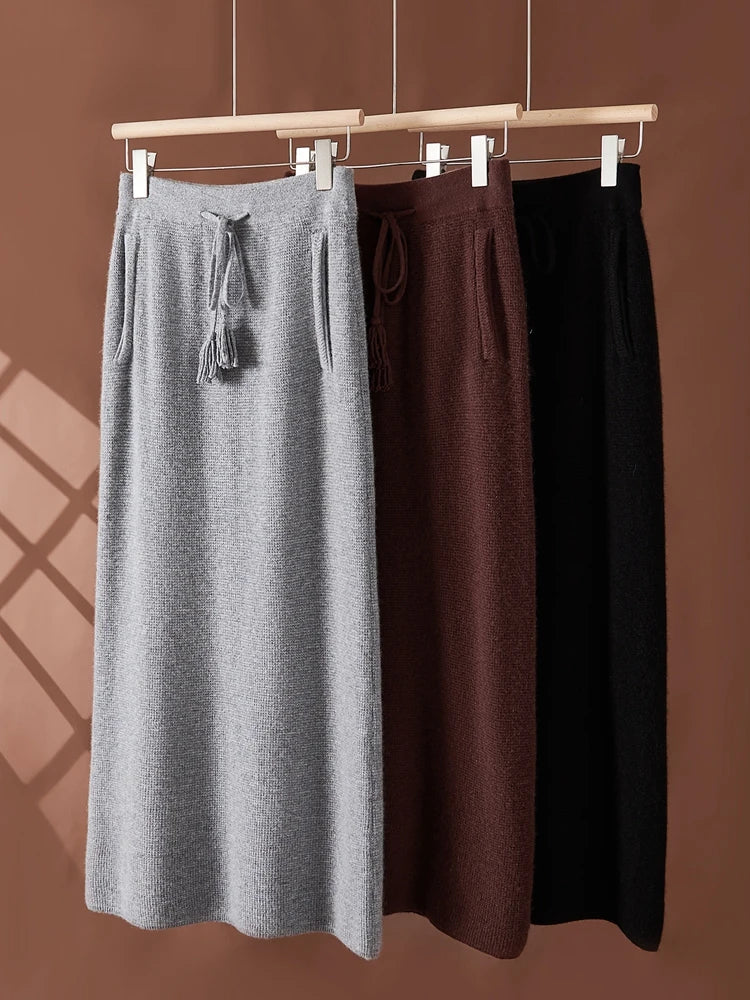 Women's 100% Cashmere Elastic Waist Mid-Length Midi Skirt Autumn Winter Casual Versatile Knitwear Bottoms Casual Fashion Skirt PlatiNum