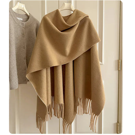 Women Split‑Open Woolen Tassel Poncho Shawl Thick Warm Cape Coat Autumn Winter Travel Photography Outer Wrap
