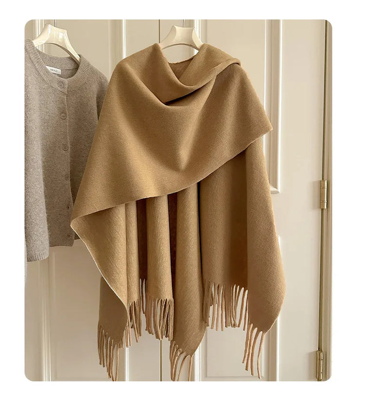 Women Split‑Open Woolen Tassel Poncho Shawl Thick Warm Cape Coat Autumn Winter Travel Photography Outer Wrap